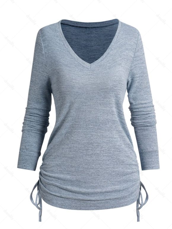 Top Chiné à Manches Longues à Col V à Côté - Bleu clair 2XL