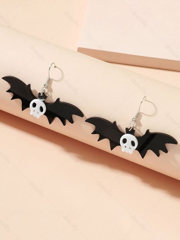 Boucles D'Oreilles Pendantes en Forme de Chauve-Souris et Crâne pour Halloween - Noir 