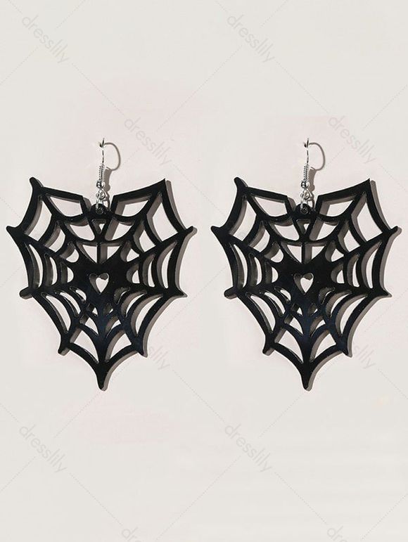 Boucles D'Oreilles Pendantes en Forme de Toile D'Araignée D'Halloween Style Gothique - Noir 