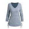 Top Chiné à Manches Longues à Col V à Côté - Bleu clair 2XL
