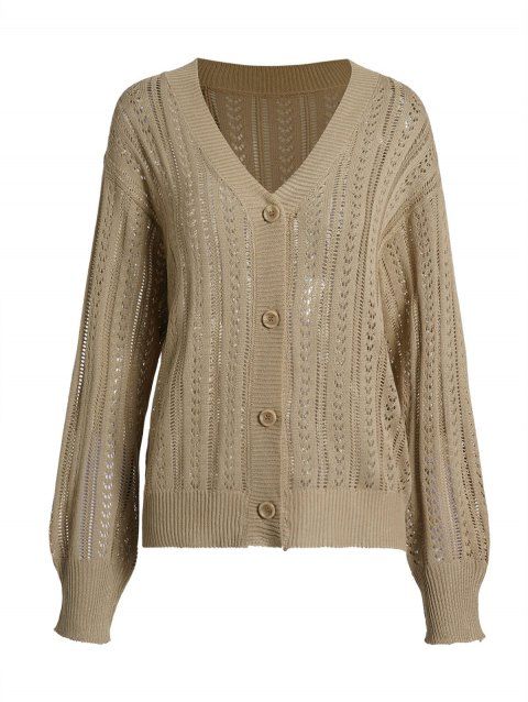 Pointelle Knit Sweater Button V Neck Casual Sweater