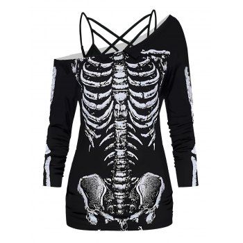 

Halloween Skeleton Print Skew Neck Top and Lattice Adjustable Strap Camisole Set, Black