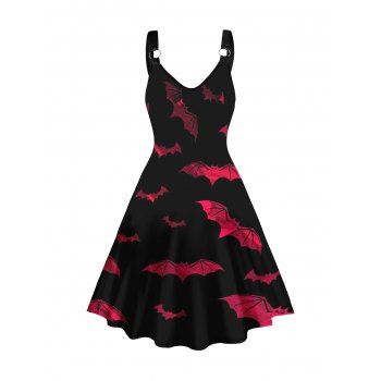 

Bat Print A Line Dress O Ring V Neck Strap Casual Midi Dress, Black