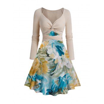 

Cut Out Twist Tie Back Top and Water Color Print A Line Tank Dress Outfit, Multicolor