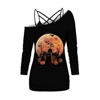 

Halloween Cat and Moon Print Skew Neck T Shirt and Lattice Camisole Set, Black