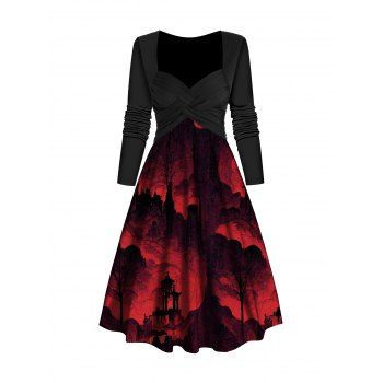 

Halloween Mountain Print Dress Sweetheart Collar Crossover A Line Midi Dress, Deep red