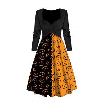

Halloween Two Tone Print Dress Pumpkin Print Sweetheart Collar Midi Dress, Black