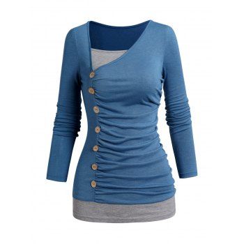 

Ruched Faux Twinset Top Mock Button Long Sleeve Casual Top, Blue