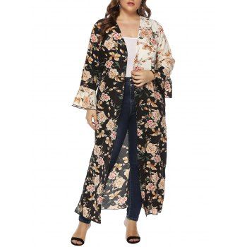 

Plus Size Flower Print Top Open Front Flare Sleeve Long Top, Multicolor a