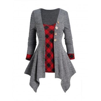 

Knit Asymmetrical Cardigan and Plaid Print Camisole Set, Gray
