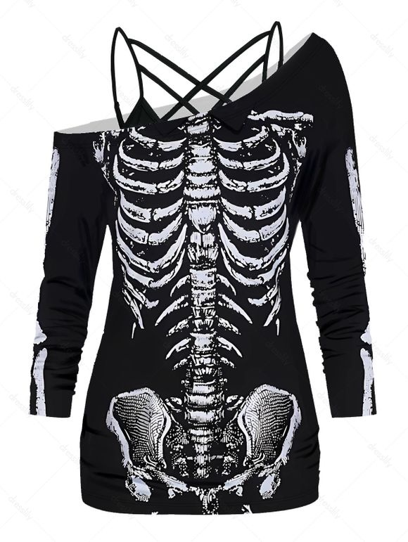 Ensemble de Haut D'Halloween à Imprimé Squelette à Col Oblique et de Camisole à Bretelle Ajustable en Treillis - Noir L