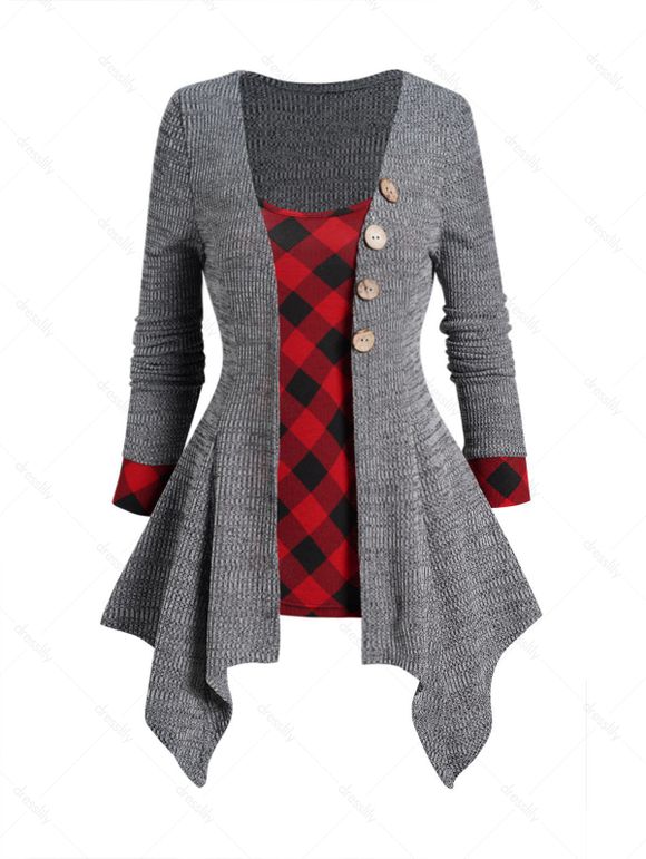 Ensemble de Cardigan Asymétrique en Tricot à Carreaux et de Camisole Imprimée - Gris S