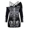Halloween Skeleton Print Skew Neck Top and Lattice Adjustable Strap Camisole Set