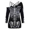Ensemble de Haut D'Halloween à Imprimé Squelette à Col Oblique et de Camisole à Bretelle Ajustable en Treillis - Noir XL