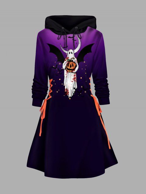 Halloween Ghost and Pumpkin Print Hoodie Dress Lace Up Colorblock A Line Dress