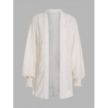 

Plain Color Herringbone Top Long Sleeve Smocked Cuff Semi-Sheer Top, Light yellow