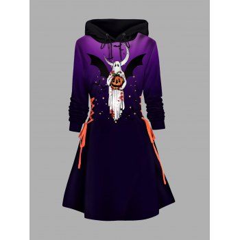 

Halloween Ghost and Pumpkin Print Hoodie Dress Lace Up Colorblock A Line Dress, Purple