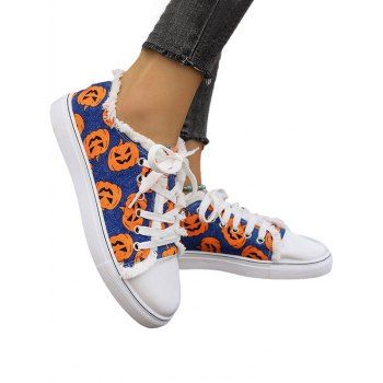 

Halloween Pumpkin Print Raw Hem Canvas Shoes, Blue