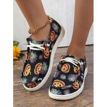 

Halloween Pumpkin and Spider Web Print Lace Up Shoes, Black