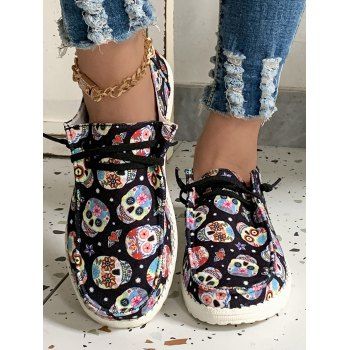 

Halloween Shoes Colorful Cartoon Skull Print Lace Up Canvas Shoes, Black