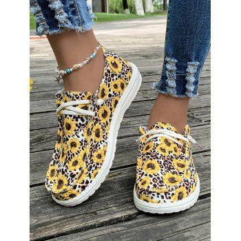 

Sunflower and Leopard Print Lace Up Canvas Shoes, Yellow