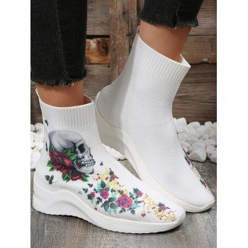 

Halloween Skull and Rose Print High Top Slip On Shoes, White