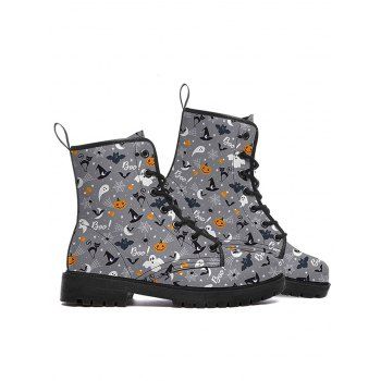 

Halloween Pumpkin and Ghost Print Lace Up Boots, Black