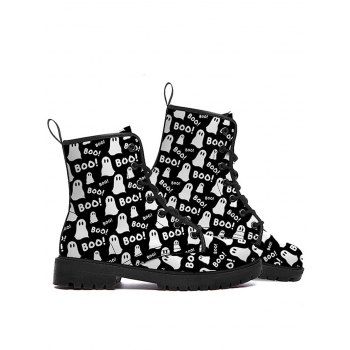 

Halloween Cartoon Ghost Print Lace Up Colorblock Boots, Black