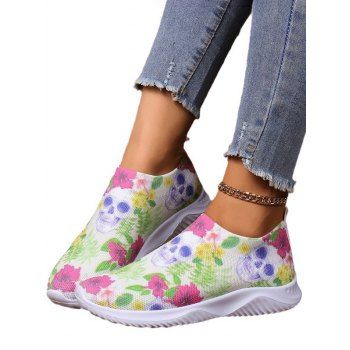 

Halloween Skull and Floral Print Slip On Shoes, Multicolor a
