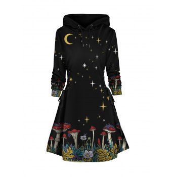 

Mushroom Print Hoodie Dress Lace Up A Line Mini Dress, Black