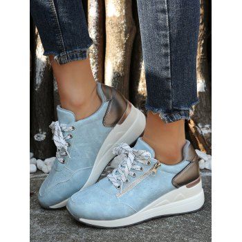 

Perforated Detail Lace Up Chunky Heel Casual Shoes, Blue