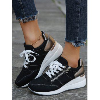 

Perforated Detail Lace Up Chunky Heel Casual Shoes, Black