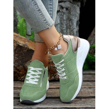 

Perforated Detail Lace Up Chunky Heel Casual Shoes, Green