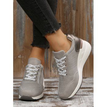 

Perforated Detail Lace Up Chunky Heel Casual Shoes, Gray
