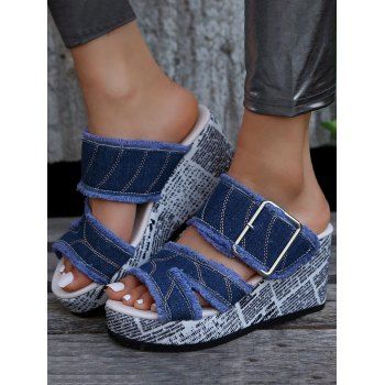 

Raw Hem Buckle Topstitching Wedge Heel Sandals, Blue