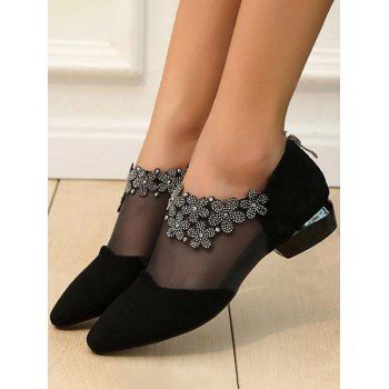 

Rhinestone Floral Decor Sheer Mesh Trendy Shoes, Black