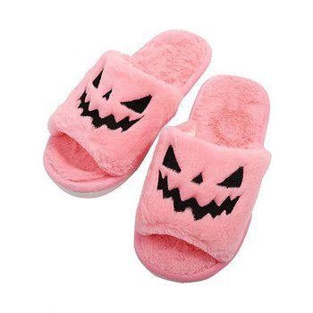 

Halloween Pumpkin Pattern Fuzzy Plush Indoor Slippers, Light pink