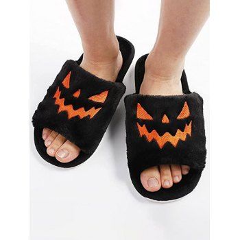 

Halloween Pumpkin Pattern Fuzzy Plush Indoor Slippers, Black