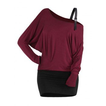 

Colorblock Buckle Strap Top Skew Neck Long Sleeve Casual Top, Deep red