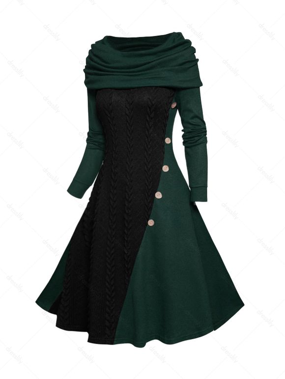 Cable Knit Panel Long Sleeve Knit Dress Mock Button Cowl Neck A Line Knitted Dress - DEEP GREEN XXL