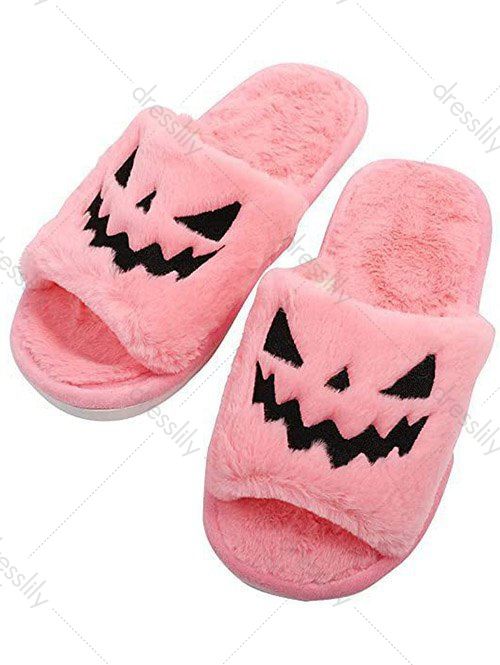 Halloween Pumpkin Pattern Fuzzy Plush Indoor Slippers - Rose clair EU (41-42)