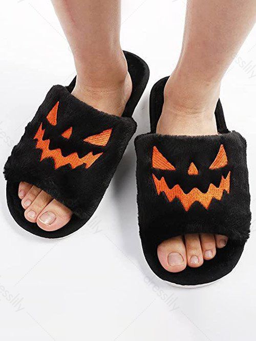 Halloween Pumpkin Pattern Fuzzy Plush Indoor Slippers - Noir EU (43-44)