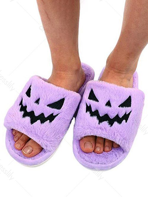 Halloween Pumpkin Pattern Fuzzy Plush Indoor Slippers - Pourpre EU (41-42)
