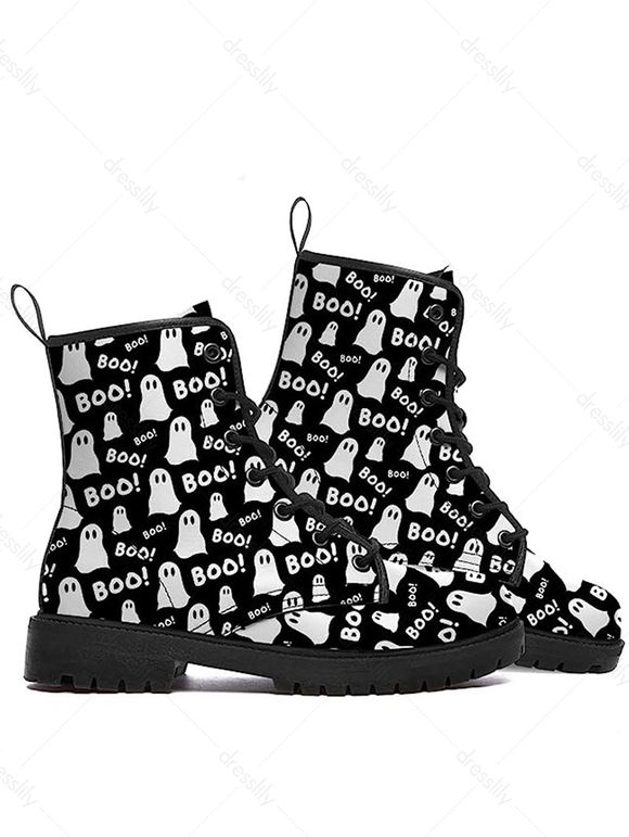 Halloween Cartoon Ghost Print Lace Up Colorblock Boots - Noir EU 43
