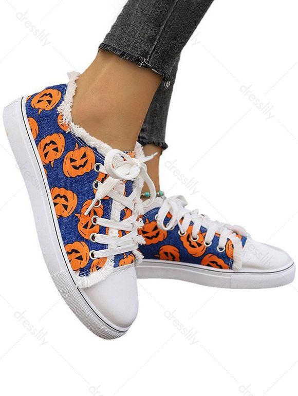 Halloween Pumpkin Print Raw Hem Canvas Shoes - Bleu EU 42