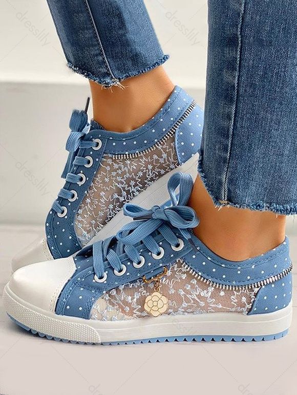 Polka Dots Print Breathable Mesh Lace Patchwork Shoes - Bleu clair EU 35