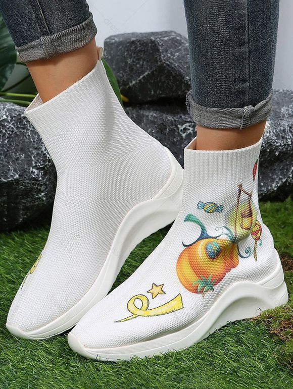 Halloween Pumpkin Print High Top Slip On Shoes - Blanc EU 43