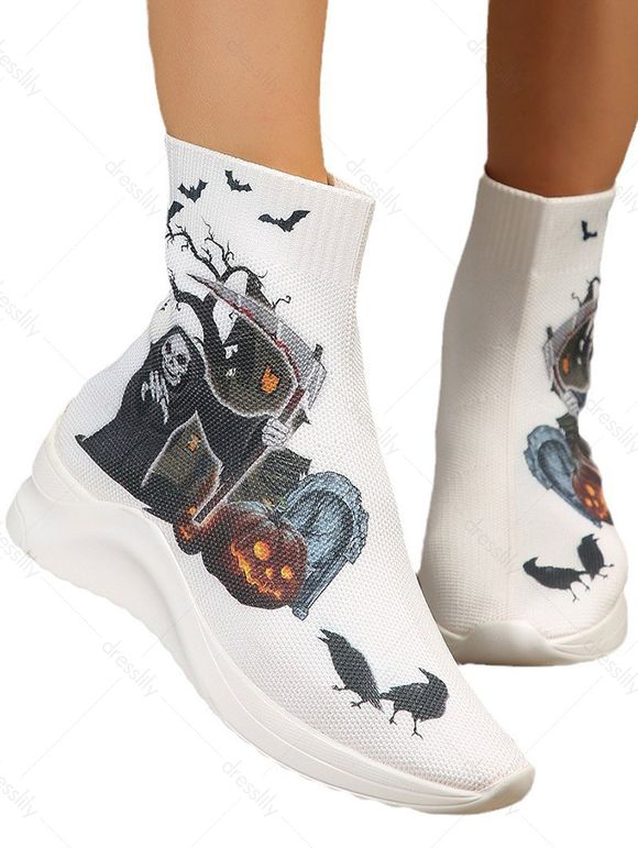 Halloween Skeleton Print High Top Slip On Shoes - Blanc EU 43