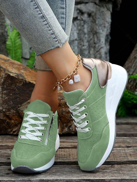 Perforated Detail Lace Up Chunky Heel Casual Shoes - Vert EU 43