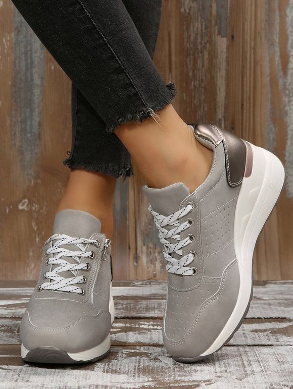 Perforated Detail Lace Up Chunky Heel Casual Shoes - Gris EU 43